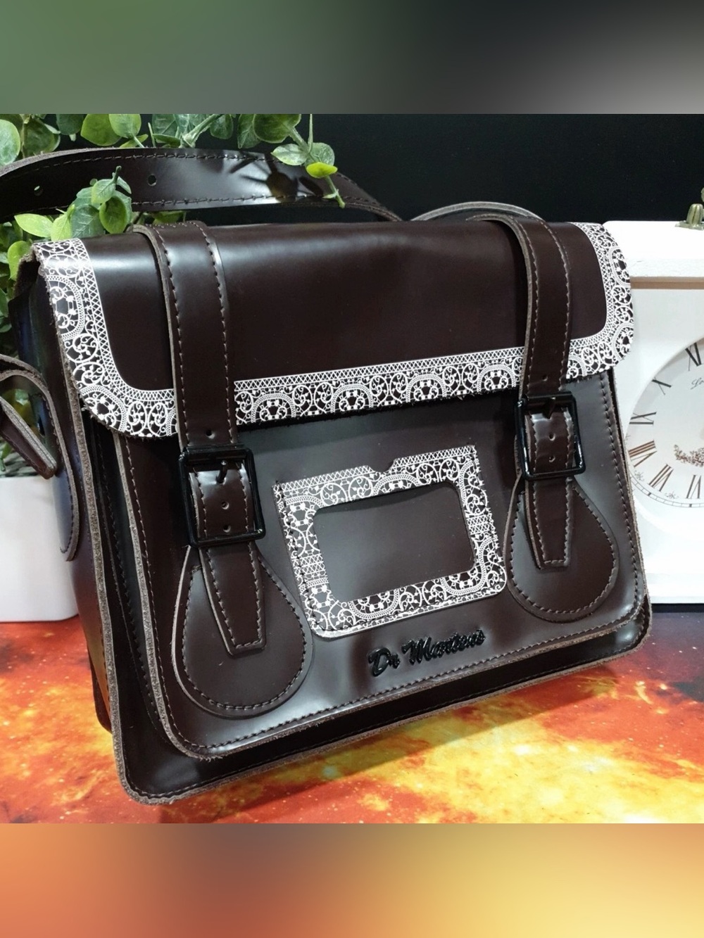 EUC Dr. Martens Black Leather White Lace Trim Messenger Bag RARE